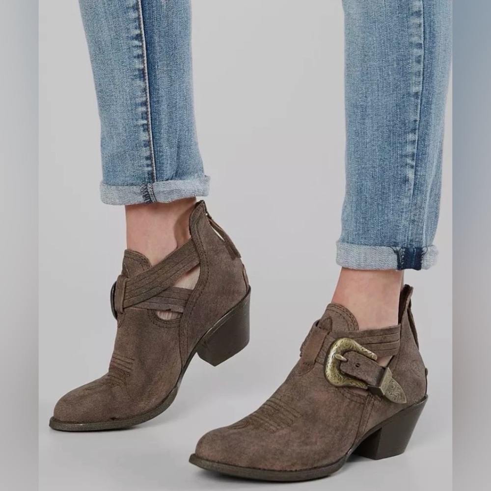 Ariat Dulce Leather Western Ankle Boot Brown w Buckles and Cutouts 37 / 6.5
